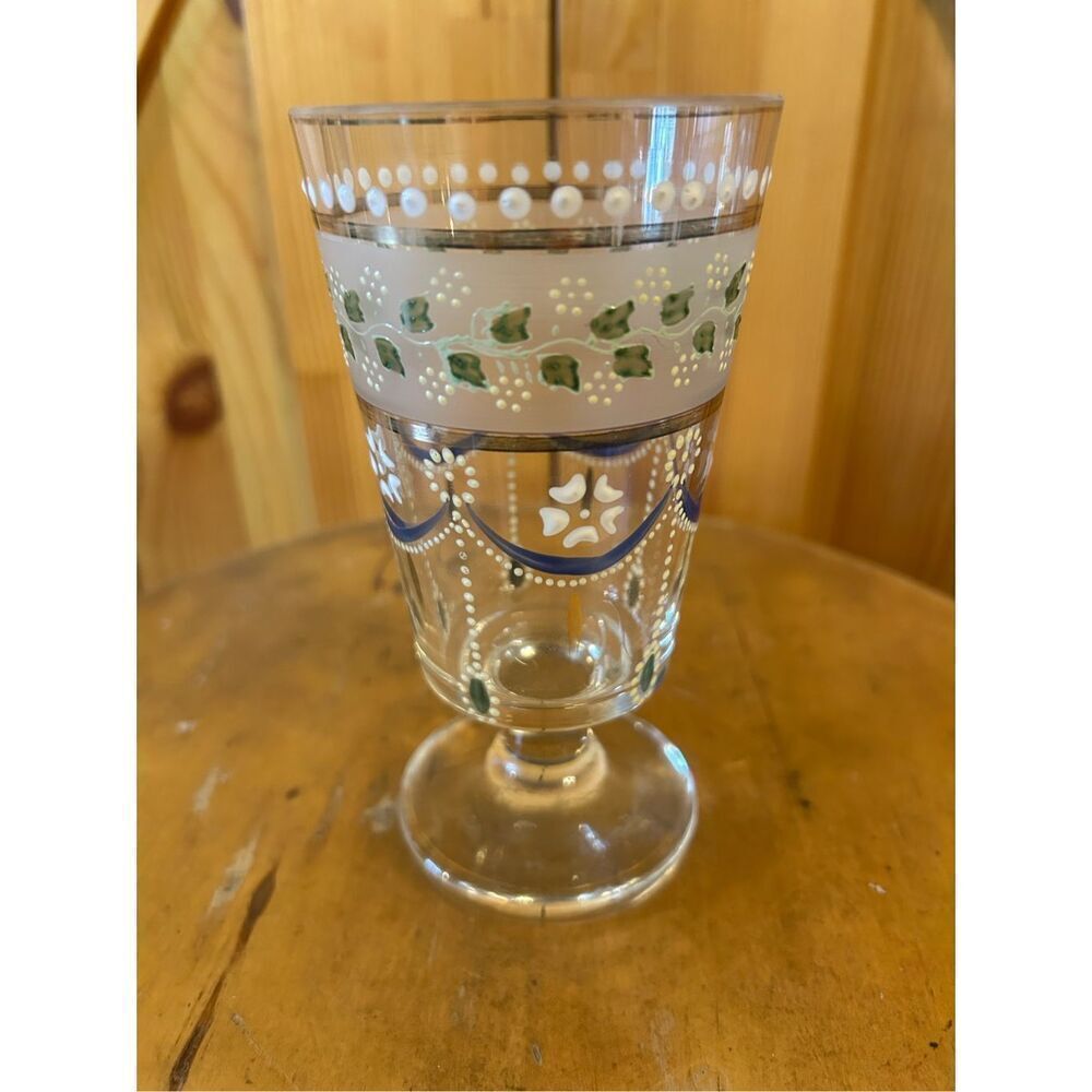 Victorian Glass Crystal Footed Ice Tea Tumbler Handpainted Yellow Flowers (8722)
